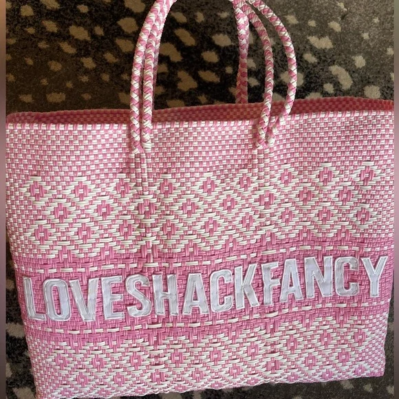 Loveshackfancy x Leslie Sulman pink woven logo St Barts tote bag beach bag - Picture 10 of 10